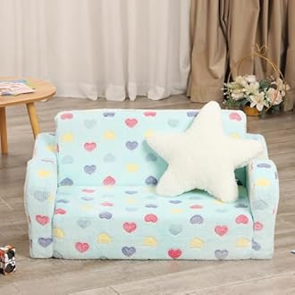 MOMCAYWEX Toddler Couch, 2-in-1 Kids Soft Couch Fold Out with Star Pillow, Foldable Sofa to Lounger, Large, Colorful Heart