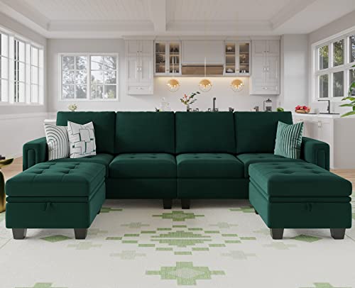Belffin Velvet U Shaped Sectional Sofa Couch With Storage Ottoman Convertibel Sectional Sofa With Reversible Chaises Green #TOP7