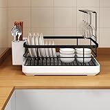 Escurridor de platos de acero y ABS con soporte para silos y bandeja de goteo, cucharas para platos para palillos (negro)