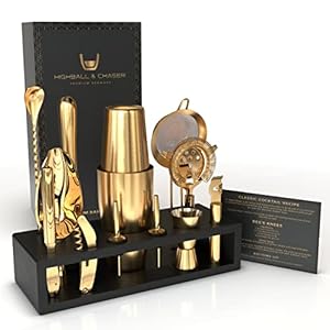 Highball & Chaser Bartender Kit with Black Bamboo Stand Beautiful Cocktail Shaker Set and Bar Tools Stainless Steel Boston Shaker Bartender Kit with Stand (Antique Gold)