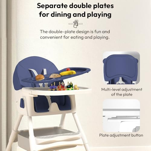 Image of StarAndDaisy High Chair for Baby 6 Months to 5 Years /Adjustable Height Feeding Chair with 4 Reclining Seat Positions, Double Food Tray, Foldable Design & Wheels /High Chair for Baby (Blue)