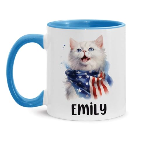 Customized Name White Cat Mug, Animal With US Flag Design Coffee Cup, Personalized Patriotic Cat Accent Mug, Cat Wear American Flag Scarf Cup, Custom Cat Ceramic Mug 11oz 15oz
