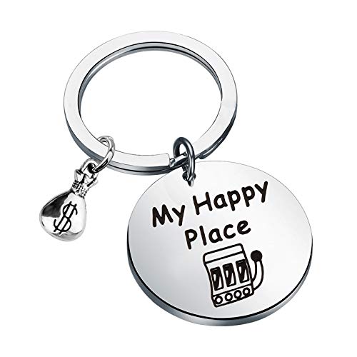 FEELMEM Casino Lover Gift Gambler Gift My Happy Place 777 Jackpot Casino Slot Machine Keychain Gambling Jewelry Queen of the for Slot Machine Players (my happy place-Ky)