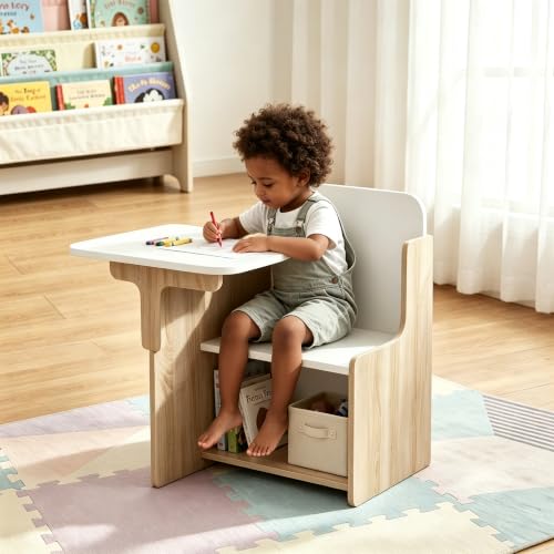 Image of Rainbow Tree 2 in 1 Wooden Children Table with Chair, Small Kids Table and Chair Set with Storage for Toys Books, Suitable for Kids Children Toddlers Boys Girls (White+Walnut)