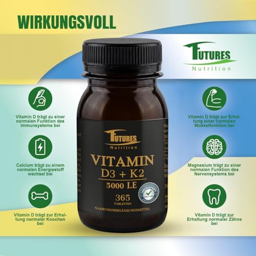 FUTURES NUTRITION 5000 I.E Vitamin D3 K2 Hochdosiert | Vegan | Beste Bioverfügbarkeit mit 99,7+% All-Trans Anteil | Nur 1 Tablette alle 5 Tage | Laborgeprüfte Reinheit | 365 Tabletten 4
