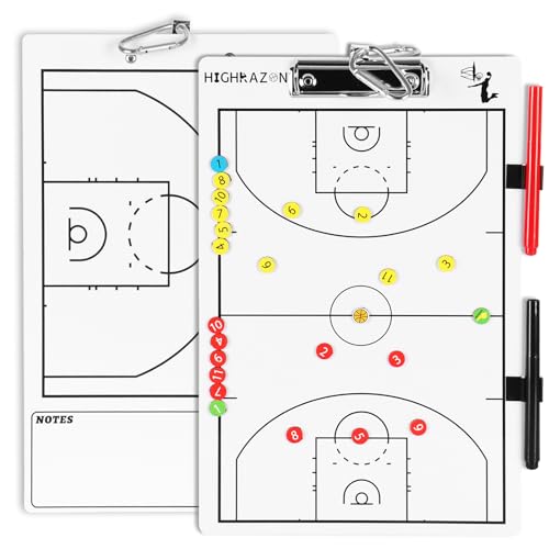 HIGHRAZON Magnetic Basketball Coaches Clipboard, White Double-Sided Dry Erase Coach Board, Tactics Whiteboard with Color Magnetic Sticker and 2 Marker for Coaches Gift