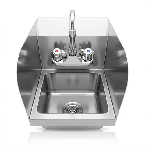 Image of Commercial Wall Mount Hand Sink 12 in. x 9 in. x 13 in. Inch Stainless Steel Space Saver Sink with Side Splashes Faucet Included, Small Hand Wash Sink with Drain Basket for Restaurant Food Truck, NSF