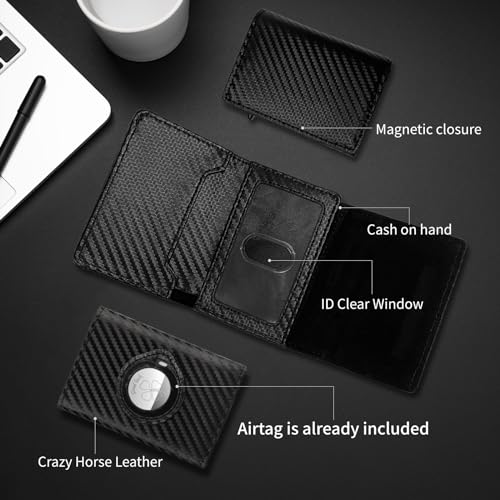 Mens Wallet Card Holder + wallet tracker,Large Capacity Genuine Leather Bifold Wallet,Credit Card Holder, Pop Up,Carbon Fiber,Item Tracker for Wallet, Luggage Tags, Phone, Passports and More4