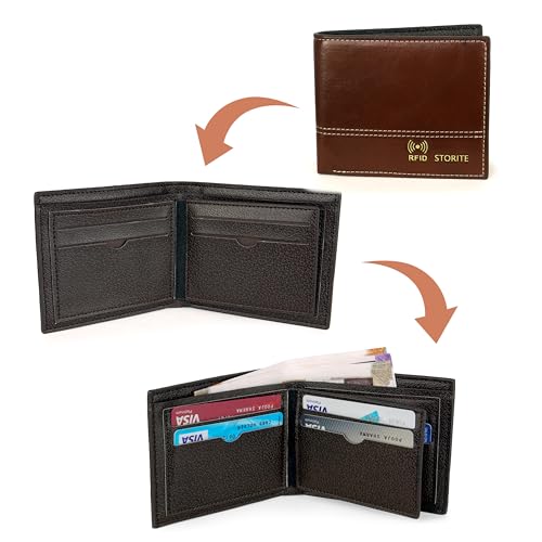 Image of Storite Men's PU Leather RFID Blocking Wallet - Slim Bifold Purse with Card Slots, ID Window & Cash Compartment - Everyday Use - Gift for Men - (Coffee Brown-11.5 x 9.5 x 2cm)