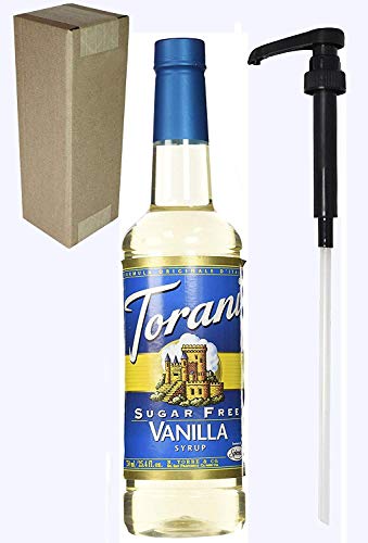 Torani Sugar Free Vanilla Flavoring Syrup, 750mL (25.4 Fl Oz) Bottle Individually Boxed, With Black Pump