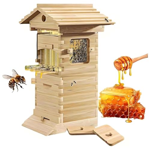 CUTANGELAR Imker-Starterset, Selbsttragender Honigbienenstock Mit Sichtfenster Und Honigauslauf, Komplettes Holz-Imkerei-Set Mit 4 Rahmen Und 6 Honigwaben Für Gartenbestäuber
