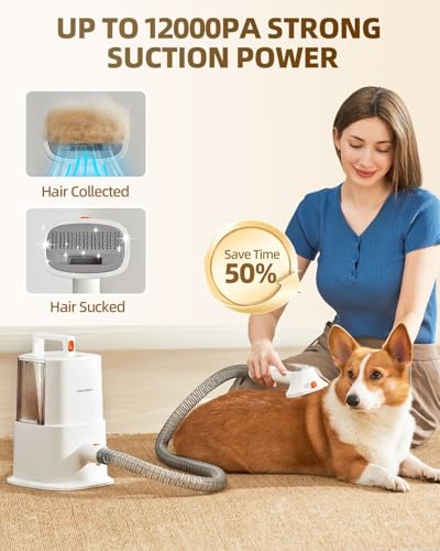 Dog Grooming Vacuum Kit for Shedding: Professional Hair Clippers Pet Groomer Large Dust Cup Strong Suction Deshedding Brush Low Noise Pet Grooming Tools for Home Use Cat Cleaning (White)
