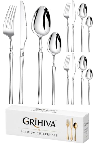 Image of 12 Pcs Silver Slim Handle Stainless Steel Cutlery Set for Dining Table with Spoons and Forks Set + Butterknives - The Perfect Tableware /Flatware