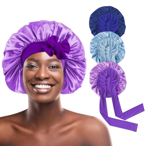 Image of my novel things 3Pcs Satin Bonnet for Sleeping Women Adjustable Long Tie Band Silky Hair Bonnet Sleep Cap with Ribbon for Women Natural & Curly Hair Anti Frizz, Soft Breathable (Purple/Blue)