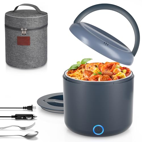 Image of Vingud Electric Lunch Box for Adults, 1.2L /41oz, 100W Fast Heated Lunch Box, 12V /24V /110V Portable Food Heater for Car /Office Work with 304 Stainless Steel Container, Blue Gray