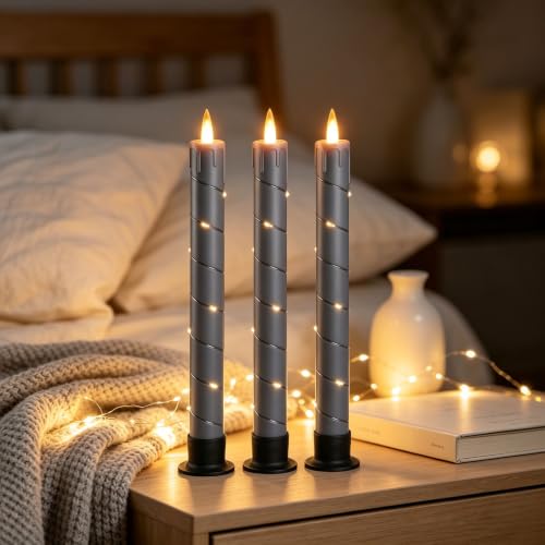 Image of 3 Pack Gray Dripping Wax Flameless Candles, Realistic Dynamic Flame LED Taper Candles with Surrounding Fairy String Lights, Remote Control Battery Operated Candles for Home Wedding Holiday Decor