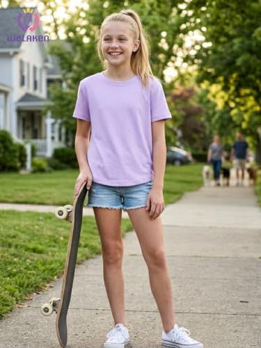 Image of WELAKEN Girls Soft T-Shirt with Curved Hem, Breathable Stretchy Rayon Crewneck Short Sleeve Tees, Kids Everyday Basic Top