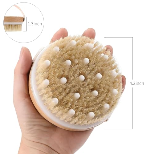 Image of KIMEE Wooden Bath Brush Combo with Long Handle Bath Brush and Handheld Round Body Brush | Natural Bristles and Massager Nodes Set for Shower Exfoliation, Cellulite Care and Dry Brushing