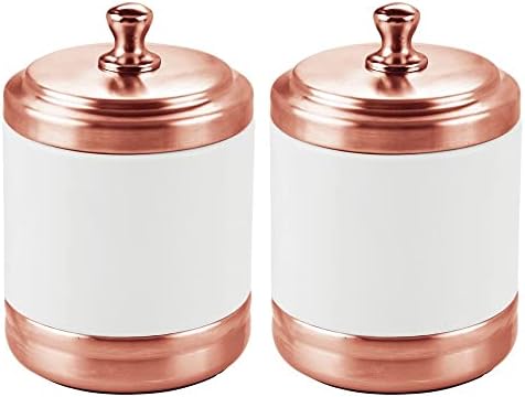 mDesign Set of 2 Cotton Pad Dispenser with Lid  Vanity Container for Cotton Buds, Bath Salts, Cosmetics and More  Cosmetic Organiser Made of Metal  Matte White/Rose Gold