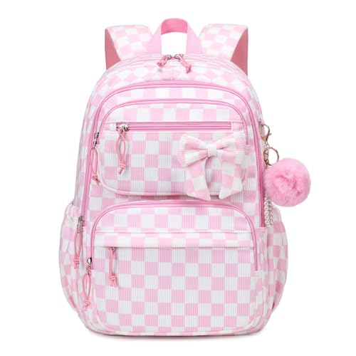 MUSEVOS School Backpack for Teen Girls Cute Kawaii Corduroy Backpack with Multi-Pockets for Girls Aged 6-18 Pink Checkered