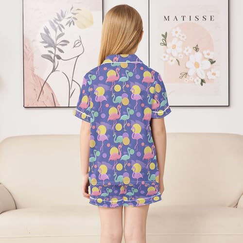 Cartoon Flamingo Pattern Summer Pajamas Set Silk PJS Set Satin Sleepwear Short Sleeve Button Down Nightwear 5-14Y4
