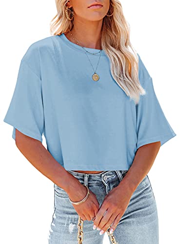 Tankaneo Women Half Sleeve Cropped T Shirt Drop Shoulder Round Neck Crop Tops Casual Summer Solid Color Basic Tees Blue