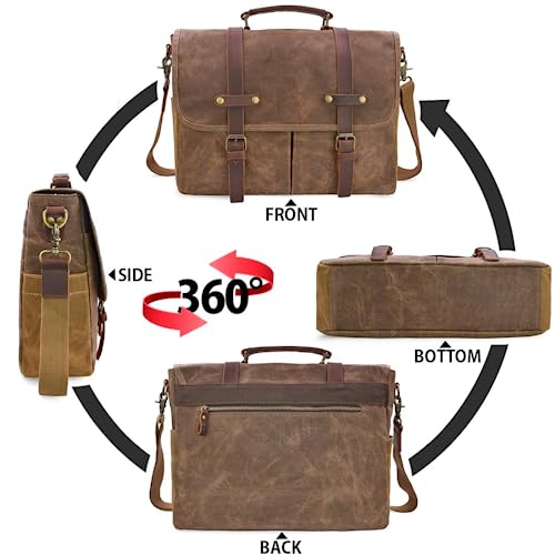 Mens Messenger Bag 15.6 Inch Waterproof Vintage Genuine Leather Waxed Canvas Briefcase Large Satchel Shoulder Bag Rugged Leather Computer Laptop Bag with Leather Pencil Case Pouch, Brown