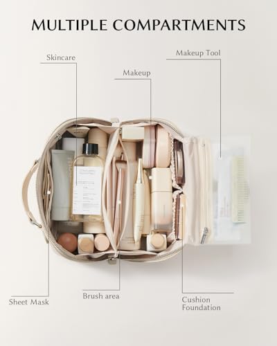 Image of EACHY Travel Makeup Bag, Large Capacity Cosmetic Bag for Women, Waterproof PU Leather, Flat Open Portable Toiletry Bag for Skincare, Brushes & Travel Essentials