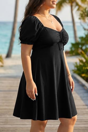 Image of Pinup Fashion Women Plus Size Casual Puff Sleeve Summer Sundress Smocked Short A Line Babydoll Cute Mini Dresses