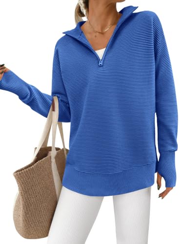 Image of PRETTYGARDEN Womens Long Sleeve Quarter Zip Pullover Sweater | Casual Loose V Neck Sweaters with Thumb Hole, Collared Ribbed Knit Jumper Tops, Oversized Tunic Tops, Fall Outfits 2026