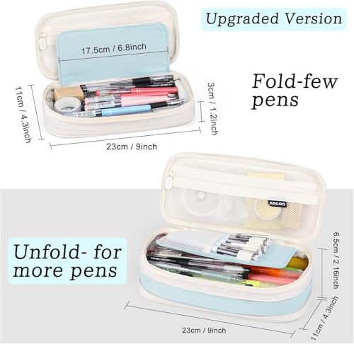 Image of Canvas School Bag Pencil Case, 3 Layer 6 Compartment Large Capacity, Aesthetic Pencil Pouch for Stationary, Cute Stationery for Kids, Pencil Case for Girls & Boys (Light Blue)