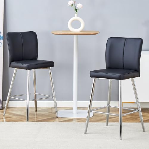 Image of Counter Height Bar Stools Set of 6,27''Kitchen Island Stools with Back,Black Barstools with Sturdy Metal Legs,Modern Bar Stools Ideal for Kitchen Island Pub Cafe(Faux Leather-Black)