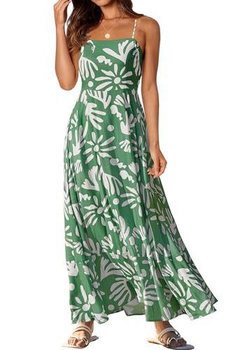 MEROKEETY Women's 2024 Summer Floral Boho Maxi Dresses Casual Sleeveless Spaghetti Strap Smocked Long Beach Dress, GreenFloral, Large