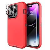 MXX Heavy Duty Made for iPhone 14 Pro Case with Tempered Glass Screen, Camera Lens Protector 3-Layer Full Body Protection Shockproof Dustproof Cover for 14 pro Phone Case 6.1' (Red/Black)