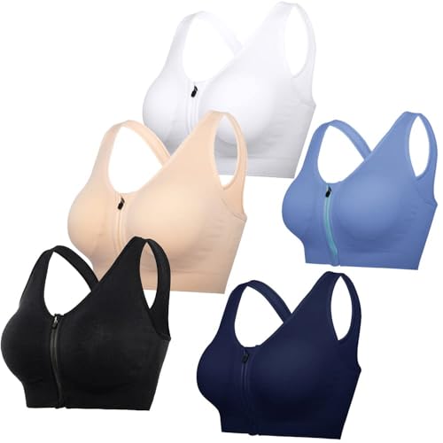 SLLIE 5 sujetadores deportivos con cremallera frontal para mujer, brasier postoperatorio, con cremallera frontal, sin varillas, almohadillas extraíbles, brasier de yoga, espalda cruzada, Paquete de 5