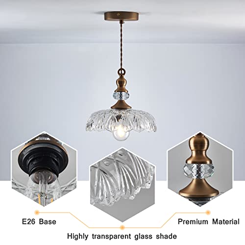 Image of CVKASH Vintage Glass Pendant Light Fixture Brass Modern Adjustable Chandelier Farmhouse Hanging Light for Hallway Porch Kitchen Bedroom Coffee Shop Dining Room Island
