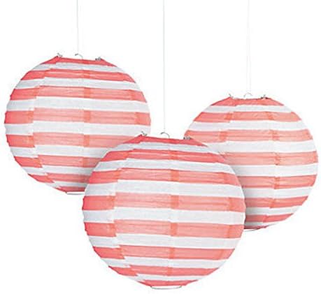 6 CORAL STRIPED Paper Balloon Lanterns FIESTA Cinco De Mayo Luau Decor