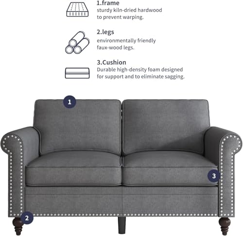 Image of ijuicy 2 Pcs Sectional Sofa Set,Modern Upholstered Couch Set-Dark Gray | Living room furniture set including loveseat and 3 seat sofa features 5 inch thick cushions and classic nailhead trim