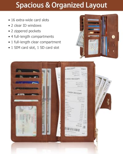 Image of Women's Trifold Wallet,Large Capacity RFID Long Wallet | 16 Card Slots,2 ID Windows,4 Bill Compartments,Vegan Leather,Double Zipper Pockets,Large Capacity Organizer