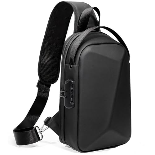 PEAGLOB Anti-Theft Sling Crossbody Bag for Men Hard Shell Waterproof Chest Bag with USB Hole Combination Lock Shoulder Backpack for Travel Work Hiking Motorcycle
