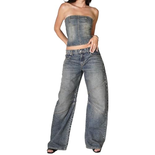 Molilove Women's Low Rise Straight Leg Jeans Patchwork Retro Denim Pants