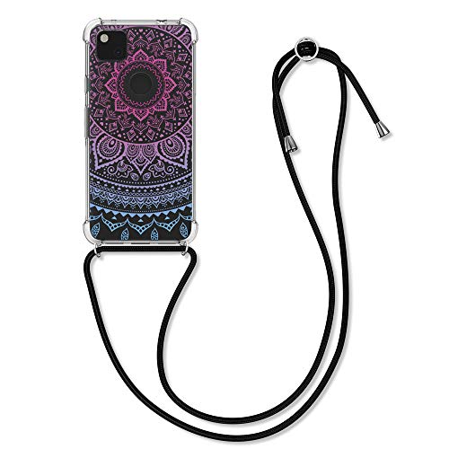 kwmobile Crossbody Case Compatible with Google Pixel 4a - Clear TPU Cell Phone Mobile Cover Holder with Neck Cord Lanyard Strap - Indian Sun Blue/Dark Pink/Transparent