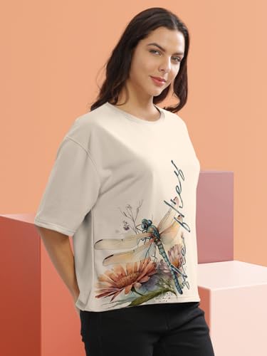 Image of HELLCAT Beige Printed Loose Fit Crew-Neck Crop T-Shirt for Women
