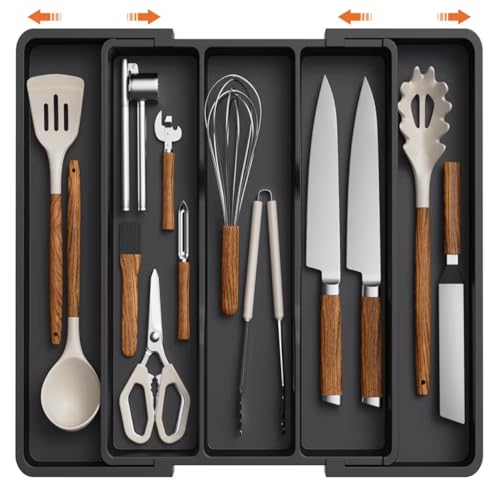 Kitchen Drawer Organizer for Utensils Large Capacity 3 Compartments Cutlery Tray for Knives Forks Spoons & Tools Non-Slip Durable Black