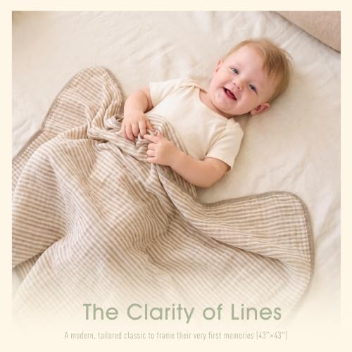 Image of Ultra Soft Muslin Baby Blanket - Made with Organic Cotton, Gender Neutral Warm Coffee Striped Jacquard, Swaddle & Crib Quilt, 43x43 Inches (Horizon Dune)