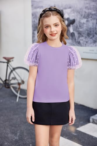 Image of Arshiner Girls Shirts Mesh Puff Short Sleeves Blouse Crewneck Cute Print Summer Kids Tee Tops