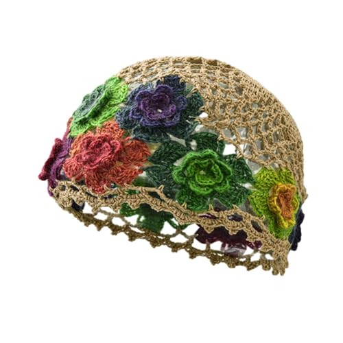 Colaxi Flower Crochet Beanie Lightweight Elegant Cutout Floral Hat for Summer Beach, Khaki