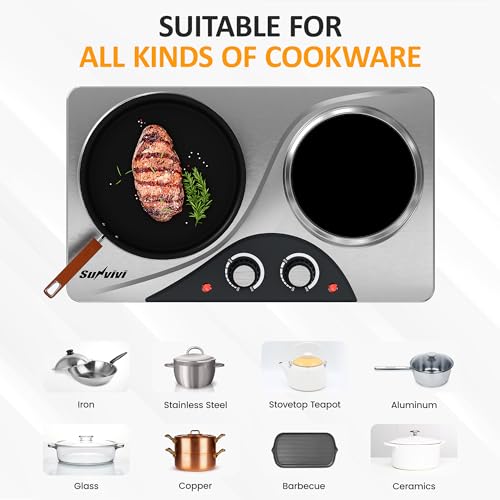Image of Sunvivi 1800W Dual Burner Portable Electric Ceramic Stove - Knob Control, Indicator Light, Compatible with All Cookware, Ideal for Multiple Cooking Scenarios, Silver