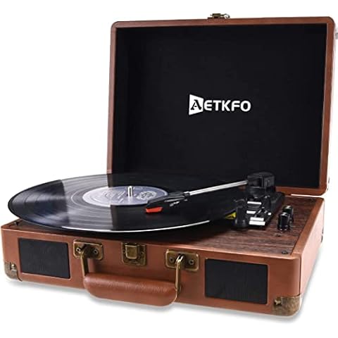 Record Player Vinyl Turntable, AETKFO Portable Bluetooth Turntables 3 Speeds Vinyl Record Player with Speakers, Support Recording Vinyl, RCA & USB Output/AUX-in/Headphone Jack, Suitcase Design Brown Cover