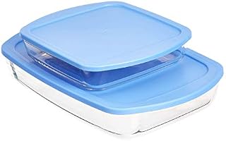 Amazon Basics Oven-Safe Glass Baking and Food Storage Dish Set with BPA-Free Lids, Set of 2, Rectangular 3.6L and Square 1.6L